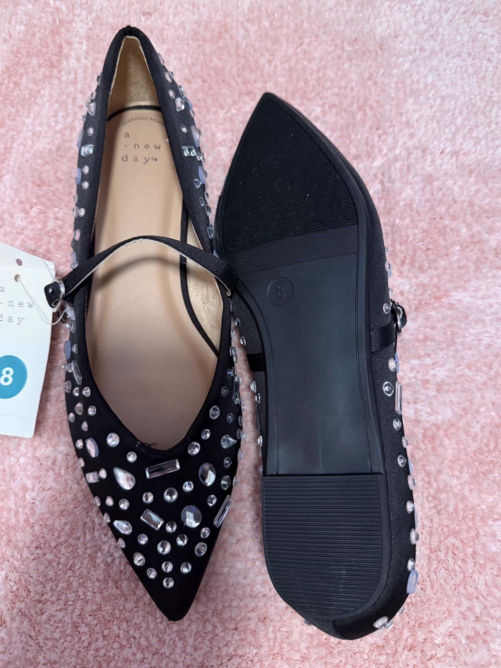 a new day Black Jeweled Pointed Mary Jane Flats